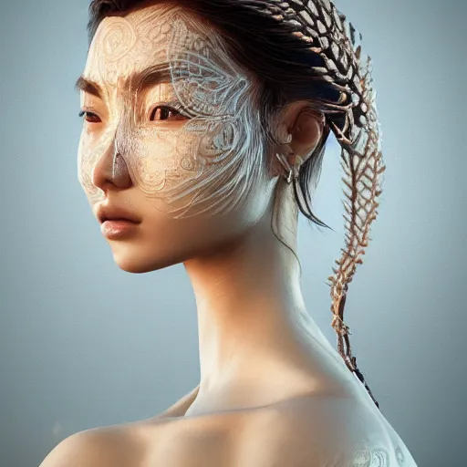 Image similar to intricate highly detailed face portrait of asian - european woman, light blue water vines on her face, intricate, cgsociety, unreal engine, octane render, sharp focus, smooth, volumetric lighting, cinematic composition, artstation