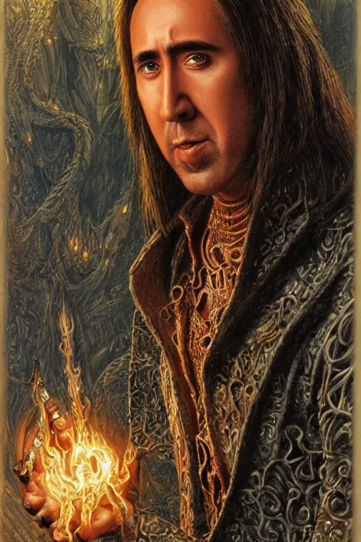 Image similar to portrait of Nicolas Cage as wizard, fantasy, intricate, highly detailed, illustration by ken kelly