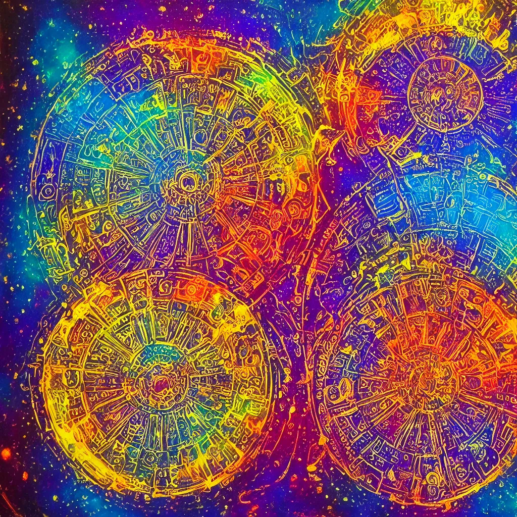 Prompt: great wheel cosmology divine realms mandala celestial and infernal essence lunar mythos solar mythos, award winning painting, chromatic aberration sharp color palette