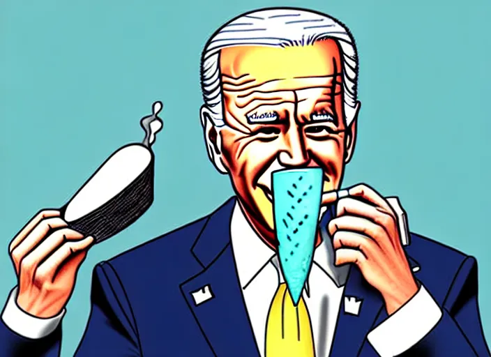 Image similar to joe biden eating ice cream scoop on a ice cream cone, political cartoon, high detail