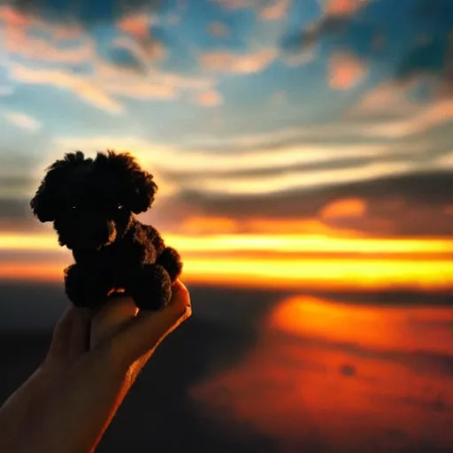 Image similar to a dark cloud shaped like a black miniature toy poodle's head, sunset realistic photo