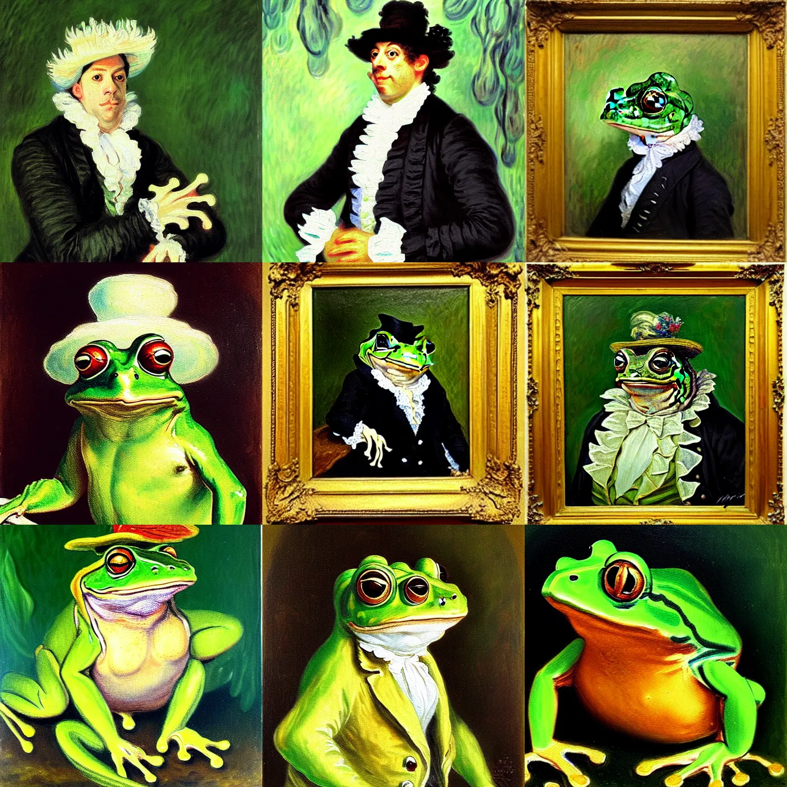 Prompt: portrait rococo painting of frog gentleman by monet