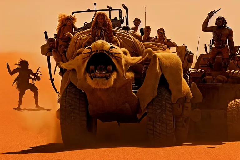 Prompt: simba ( from the lion king ), heavily armed and armored facing down armageddon in a dark and gritty version from the makers of mad max : fury road : witness me