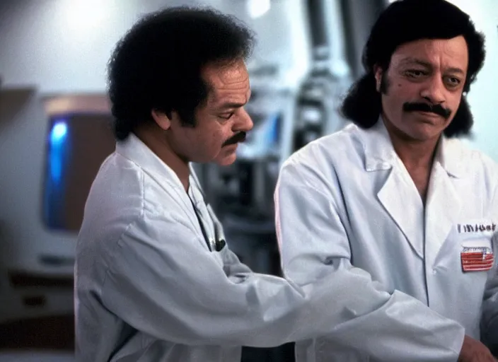 Image similar to film still of young old Cheech Marin with HAL as Dr. Dave Bowman in 2001 A Space Odyssey