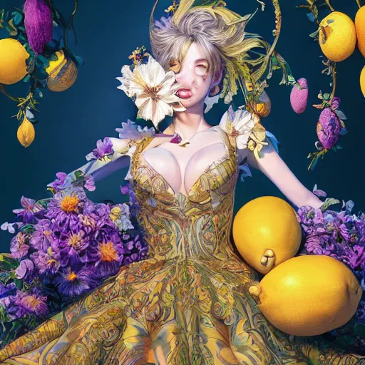 Image similar to the portrait of an absurdly beautiful, graceful, elegant, sophisticated, young idol made up of lemons, an ultrafine hyperdetailed illustration by kim jung gi, irakli nadar, intricate linework, bright colors, octopath traveler, final fantasy, unreal engine 5 highly rendered, global illumination, radiant light, detailed and intricate environment