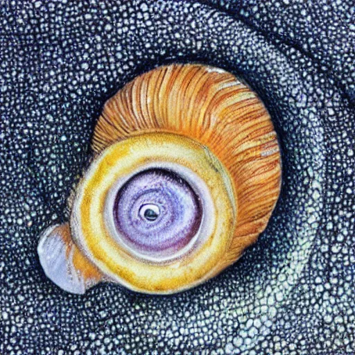 Image similar to a snail with an eyeball for a shell, shell with the texture of an eyeball, eyeball shaped like a shell