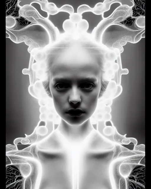 Prompt: dreamy foggy soft luminous bw art photo taken in 2 1 0 0, beautiful spiritual angelic biomechanical mandelbrot fractal albino girl cyborg with a porcelain profile face, very long neck, halo, white smoke atmosphere, rim light, big leaves and stems, fine foliage lace, alexander mcqueen, art nouveau fashion pearl embroidered collar, steampunk, elegant