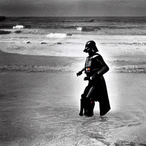 Image similar to a world war 2 award winning photo of darth vader storming the beach