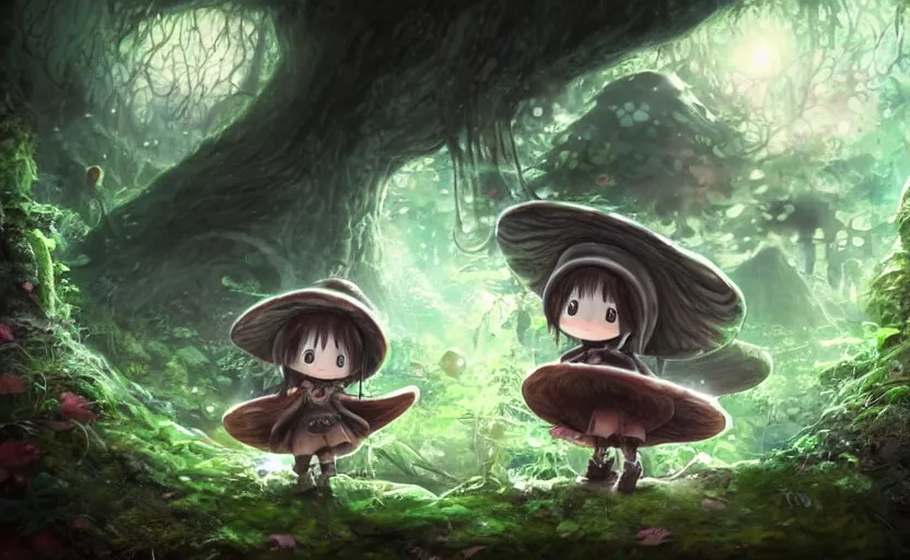 Prompt: cute little girl with an long black hair wearing an mushroom hat in the dark forest next to a sinister monster, cute artwork, clean detailed art, inspired by made in abyss, detailed background, fantastic world, spectacular quality