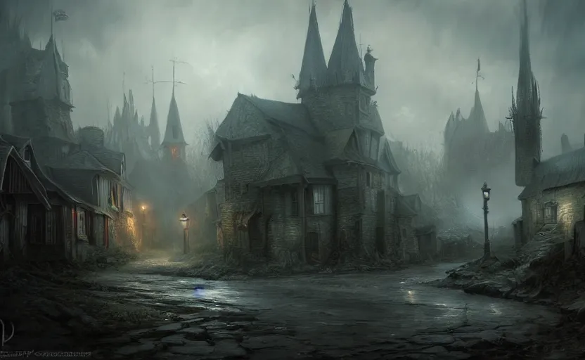 Prompt: extreme long shot concept art depicted an old english mystic town, dramatic mood, overcast mood, dark fantasy environment, art by tony sart and thornton oakley and darek zabrocki, trending on artstation, unreal engine, hyper - real movie shot