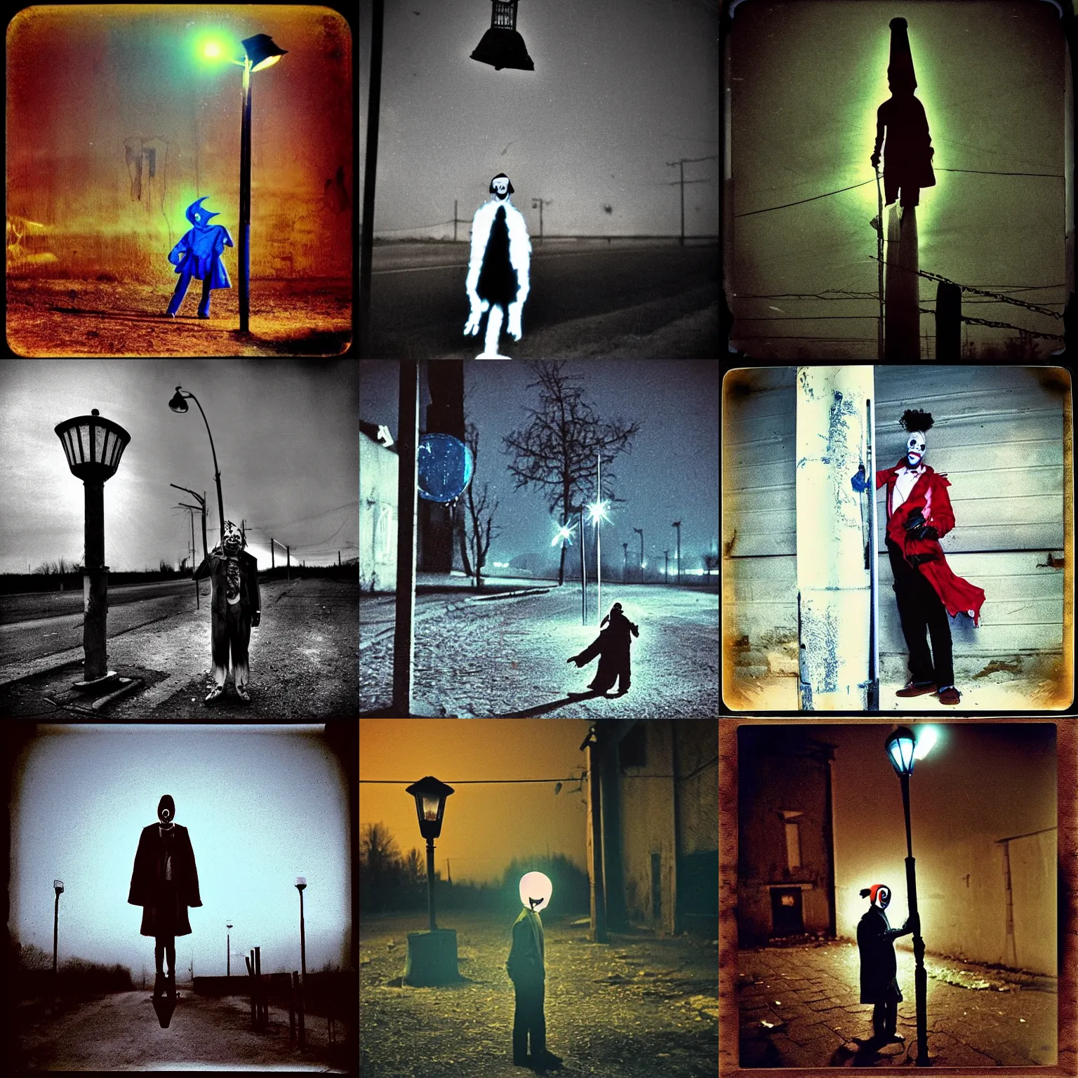 Image similar to a thin scary clown in torn clothes stands under a lamppost that shines a blue light on the clown, pitch darkness around the post, everything happens at night in an old Soviet village, the photo was taken from afar, Colourful, Cinematic, filmic, 35mm, dark atmosphere, horror, scary, Wildlife photography, Polaroid, bad quality