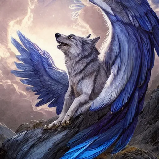 Image similar to Blue feathered wolf with wings on a beautiful fantasy landscape, hills, mountains, moonlit, HD, illustration, epic, D&D, fantasy, intricate, elegant, highly detailed, digital painting, artstation, concept art, smooth, sharp focus, illustration, art by artgerm and greg rutkowski and alphonse mucha