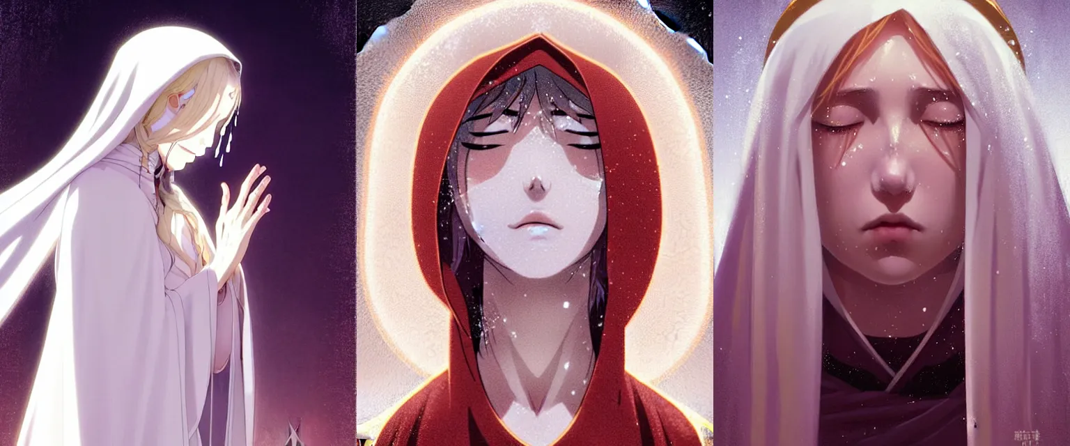 Prompt: young female distressed nun sobbing with flowing tears, blonde hair, white and gold priestess robes, detailed perfect face, exquisite details, ice magic, mid view, design on a dark crimson background, by studio muti, greg rutkowski makoto shinkai takashi takeuchi studio ghibli