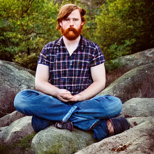 Prompt: a handsome white male, long brownish - red beard, oversized brown mustashe, glasses, blue eyes, plaid shirt, cargo shorts, sandals : : sitting on a large rock, meditation pose, apple laptop in his lap, golden hour, wisps of smoke, mystical yet whimsical.