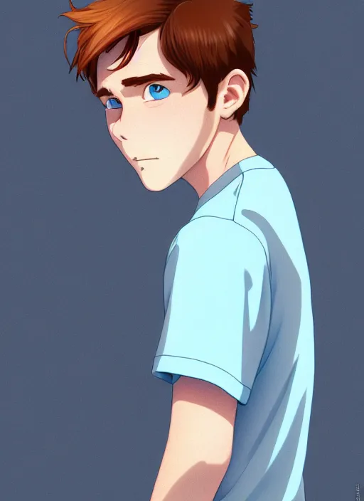 Image similar to portrait of a teen boy with completely straight auburn hair, light blue eyes, pale skin, freckles, sad expression, t - shirt, modern casual clothing, natural lighting, path traced, highly detailed, high quality, cartoon, digital painting, by don bluth and ross tran and studio ghibli