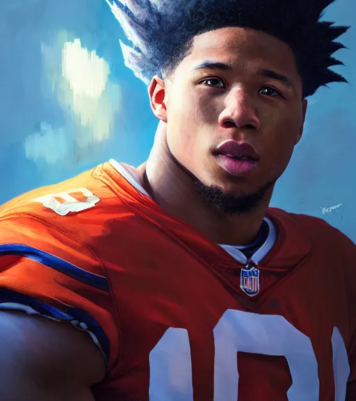 Image similar to highly detailed portrait of super saiyan saquon barkley ny giants football, unreal engine, fantasy art by greg rutkowski, loish, rhads, ferdinand knab, makoto shinkai and lois van baarle, ilya kuvshinov, rossdraws, tom bagshaw, global illumination, radiant light, detailed and intricate environment