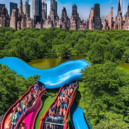 Image similar to highly detailed photo of a large water park with numerous slides and water rides inside of central park. the new york city skyline is shown in the background.