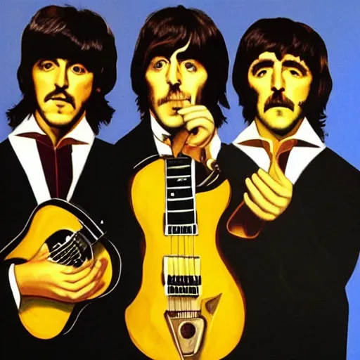 Image similar to portrait of The Beatles performing onstage except they are actual bees with faces like bees