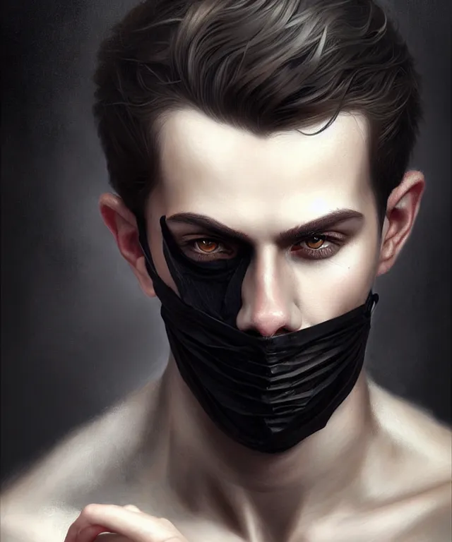 Prompt: european young man wearing black mask, beautiful face, highly detailed face!!!, true anatomy!, extremely detailed!, digital painting, unreal engine 5, art by tom bagshaw