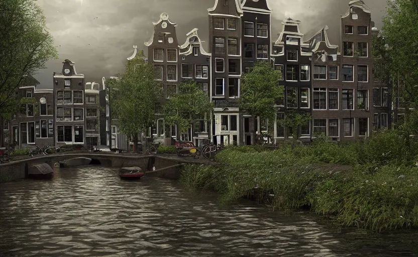 Image similar to amsterdam reclaimed by nature, a photorealistic painting by gregory crewdson, cgsociety, playstation 5 screenshot, matte painting, cryengine