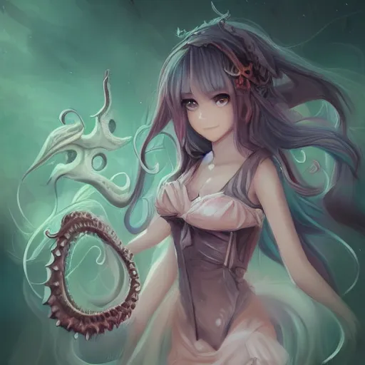 Image similar to portrait of the cthulhu with wings and tentacles but as a cute anime girl, by rossdraws, wlop