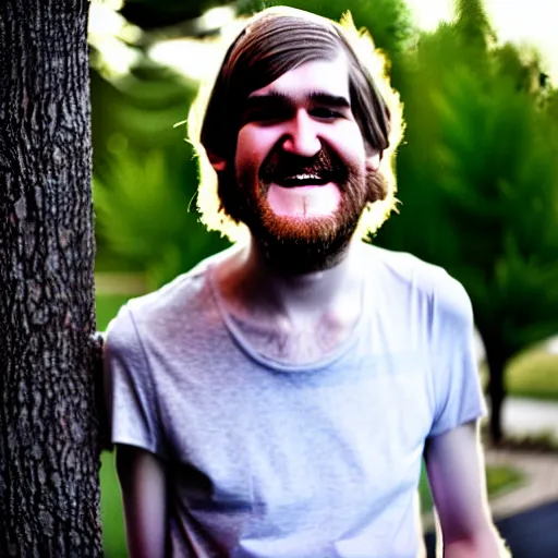 Image similar to bearded long - haired bo burnham outside of his house, smiling and dancing