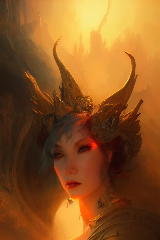 Prompt: attractive demon queen, close - up portrait, intricate, elegant, volumetric lighting, scenery, digital painting, highly detailed, artstation, sharp focus, illustration, concept art, gaston bussiere, ruan jia, steve mccurry