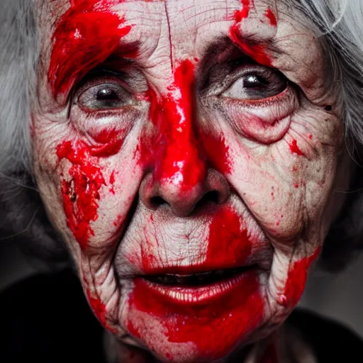 Prompt: elderly woman with black eyes covered in red paint, photorealistic, award winning, 8k,