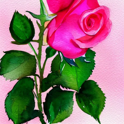 Image similar to close view of a pink rose, very bright lighting, watercolor, water paint