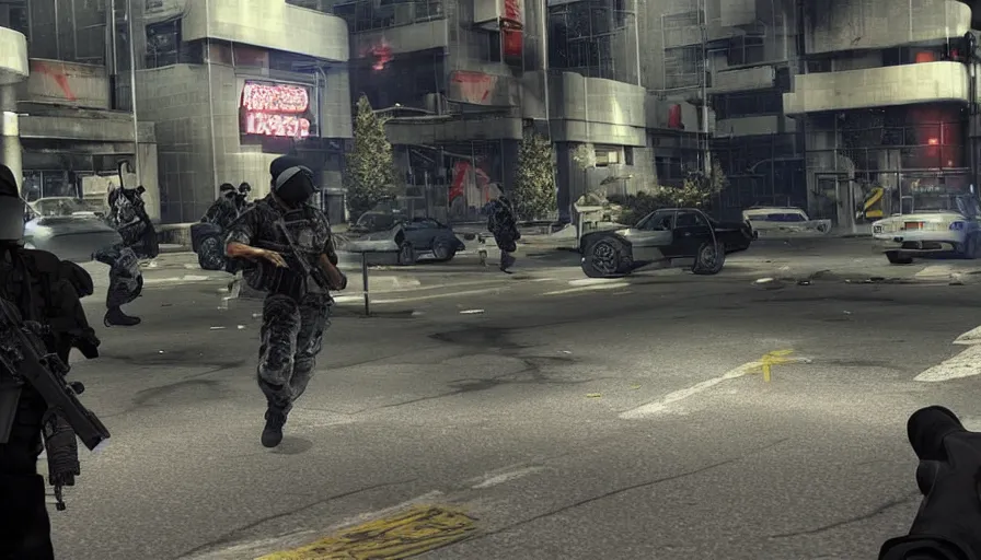 Prompt: 2020 Video Game Screenshot, Anime Neo-tokyo Cyborg bank robbers vs police, Set inside of the Bank, Open Vault, Multiplayer set-piece Ambush, Tactical Squads :19, Police officers under heavy fire, Police Calling for back up, Bullet Holes and Realistic Blood Splatter, :6 Gas Grenades, Riot Shields, Large Caliber Sniper Fire, Chaos, Akira Anime Cyberpunk, Anime Machine Gun Fire, Violent Action, Sakuga Gunplay, Shootout, :14 Quibli MToon Shader :19 , Inspired by Intruder :8 Cel Shaded by Katsuhiro Otomo: 19,