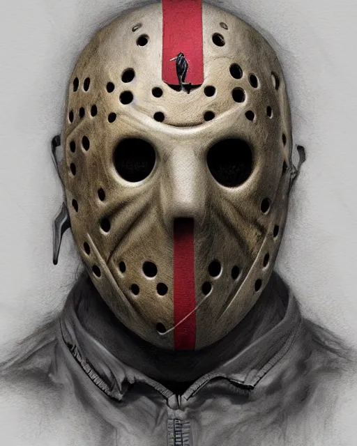 Image similar to jason voorhees, hyper realistic face, horror, fantasy art, in the style of greg rutkowski, intricate, hyper detailed