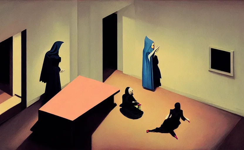 Prompt: inside a room with a guillotine womens praying wearin black dress, very coherent, painted by Edward Hopper, Wayne Barlowe, painted by James Gilleard, airbrush, art by JamesJean