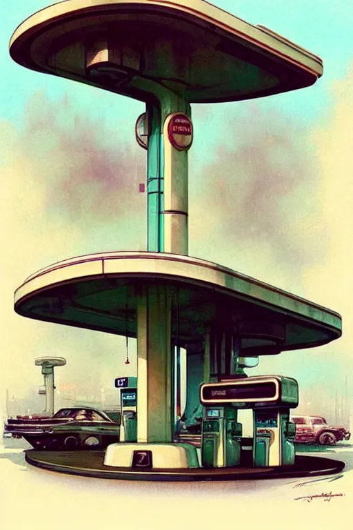 Prompt: ( ( ( ( ( 2 0 5 0 s retro future art deco gas station design. muted colors. ) ) ) ) ) by jean - baptiste monge!!!!!!!!!!!!!!!!!!!!!!!!!!!!!!