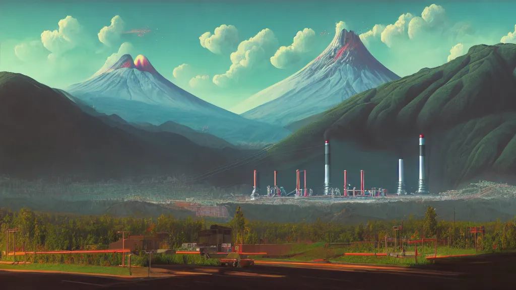 Image similar to Nuclear Reactors integrated with the nature, mountains and city of Quito; by Simon Stålenhag, oil on canvas; Art Direction by James Cameron; 4K, 8K; Ultra-Realistic Depth Shading