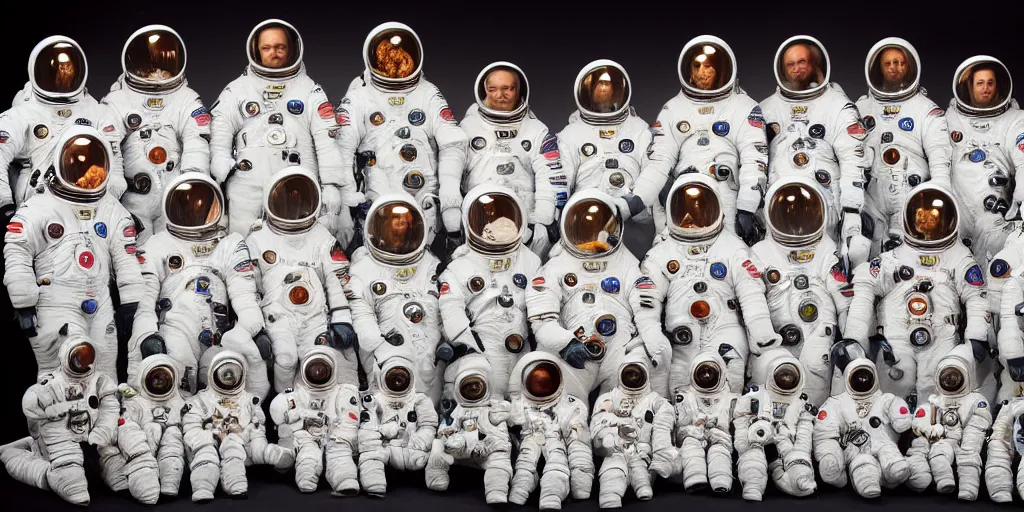 Image similar to Group photo of various animals in spacesuits before going to space. Highly detailed picture.