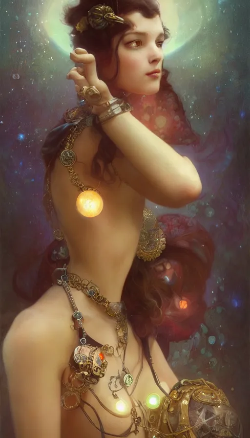 Image similar to hyper realistic photographer taking a picture, magical, gems, jewels, gold, steampunk, cyberpunk, painted by tom bagshaw, mucha, gaston bussiere, craig mullins, j. c. leyendecker 8 k