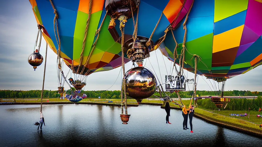 Image similar to large colorful futuristic space age metallic steampunk steam - powered balloons with pipework and electrical wiring around the outside, and people on rope swings underneath, flying high over the beautiful klaipeda in lithuania landscape, professional photography, 8 0 mm telephoto lens, realistic, detailed, photorealistic, photojournalism