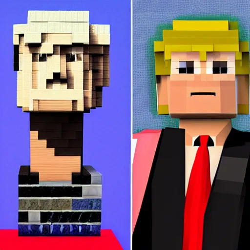 Image similar to donald trump bust artwork made from minecraft blocks, in game screenshot