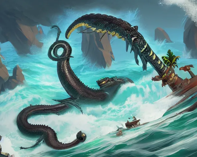 Image similar to sea of thieves animal boss character concept art for a gigantic sea serpent snake leviathan, cgsociety, trending on artstation, rare ltd,