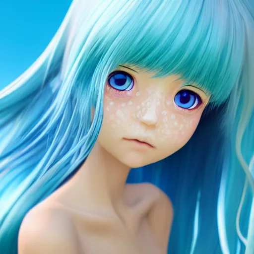 Prompt: Render of a very beautiful 3d anime girl, long sky blue hair, jewelry eyes, cute freckles, full round face, short smile, cute teal sundress, golden hour, serene beach setting, cinematic lightning, medium shot, mid-shot, very very highly detailed, trending on Artstation, Unreal Engine 4k