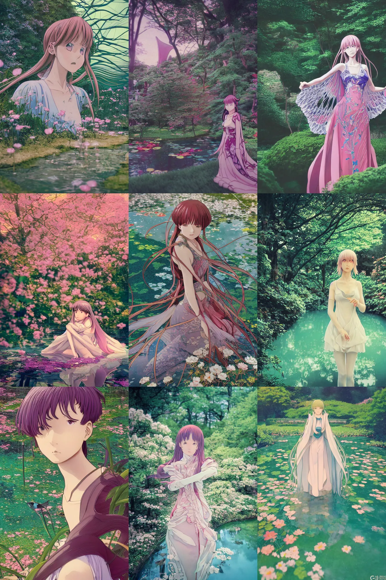 Image similar to Cinestill 800t, 8K, highly detailed, moebius seinen manga 3/4 extreme closeup portrait, clear eyes, focus on art nouveau fairy dress model, tilt shift zaha hadid style anime background: famous moebius anime remake, Garden pond scene