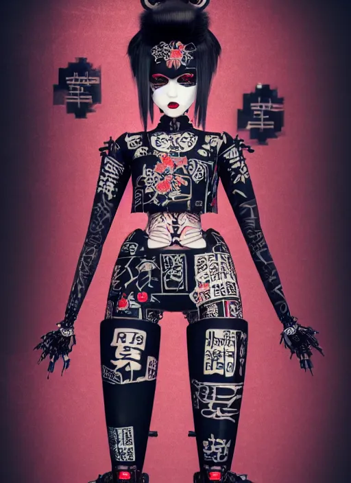 Prompt: full body portrait of a gothic style punk geisha robot with kanji tattoos and decals wearing a digital pixelated kimono, intricate design, photo - realistic, octane render, dark colour palette, ultra fine detailed, character design, trending on artstation