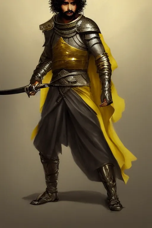 Prompt: Arab man , curly hair, swordsman, sword, modern, hero, charcoal and little yellow leather, character concept art, costume design, trending on artstation, Artgerm , WLOP