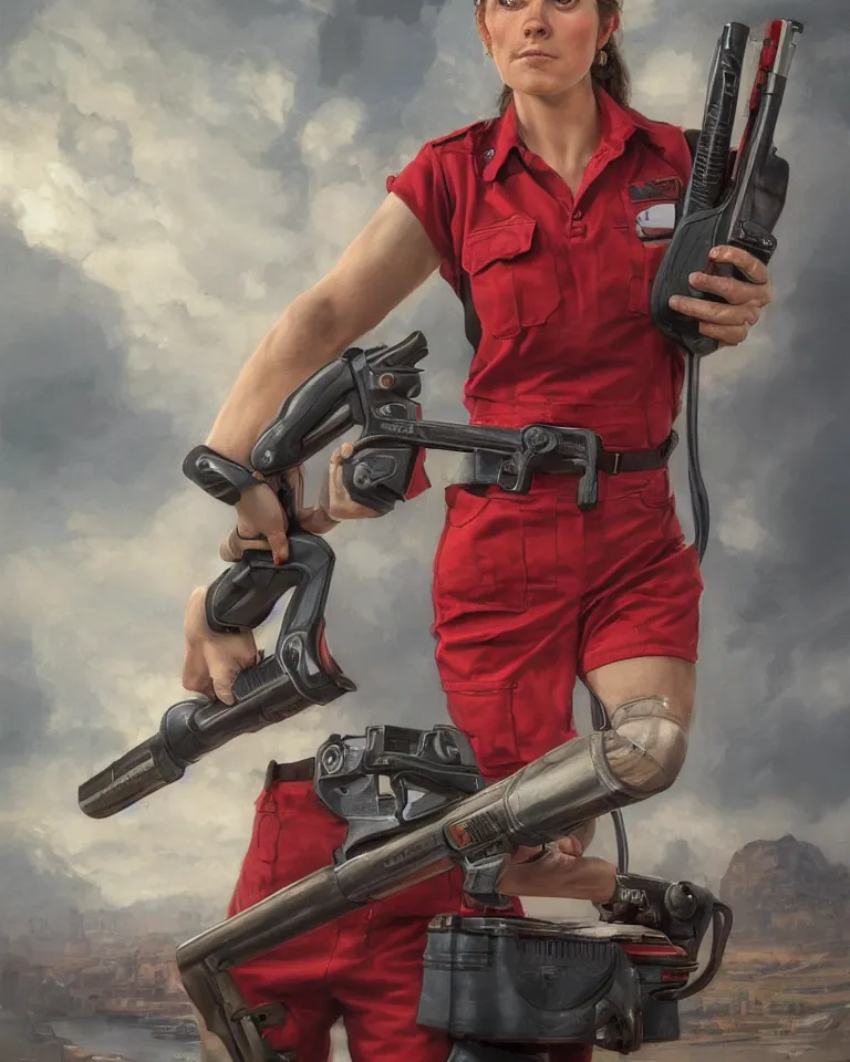 Image similar to epic portrait a slightly muscular woman wearing short sleeved uniform and carrying a red power tool drill, detailed, centered, digital painting, artstation, concept art, donato giancola, Joseph Christian Leyendecker, WLOP, Boris Vallejo, Breathtaking, 8k resolution, extremely detailed, beautiful, establishing shot, artistic, hyperrealistic, beautiful face, octane render