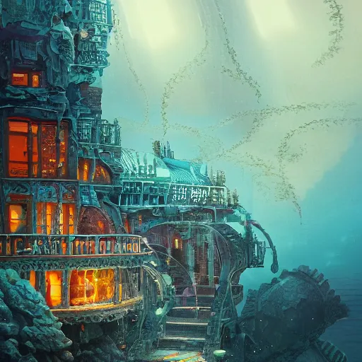 Image similar to underwater spy mansion, grand obsessive compendium. intricate artwork, by tooth wu, wlop, beeple, dan mumford. concept art, octane render, trending on artstation, greg rutkowski very coherent symmetrical artwork. cinematic, key art, hyper realism, high detail, octane render, 8 k, iridescent accents