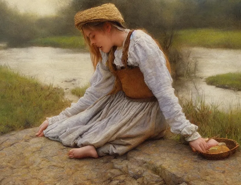 Image similar to peasant girl sitting on a stone by a shore of river, cottage core, cinematic focus, polaroid photo bleached vintage pastel colors high - key lighting, soft lights, foggy, by steve hanks, by lisa yuskavage, by serov valentin, by tarkovsky, 8 k render, detailed, oil on canvas