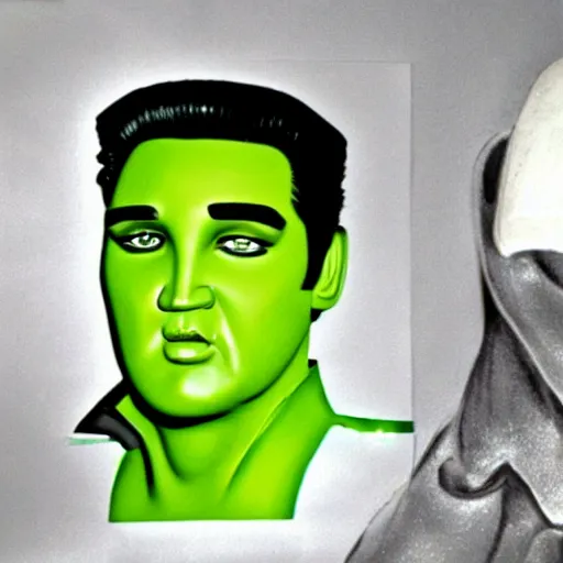 Prompt: elvis presley taking a picture with shrek, photorealistic