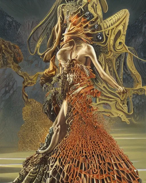 Image similar to fashion model walking down a catwalk, elaborate dress by alexander mcqueen, art by michael whelan and chris moore and howard david johnson and tim white and dan giancola