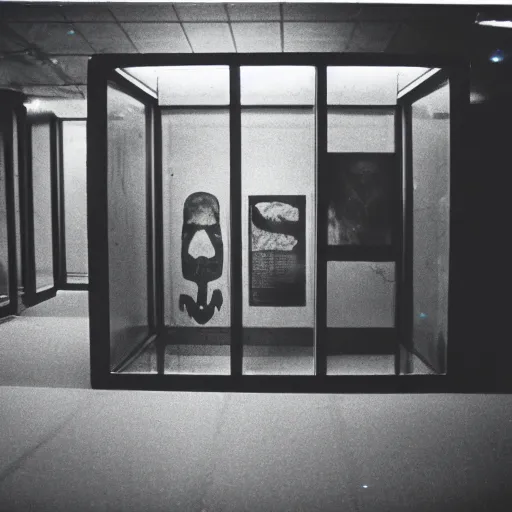 Image similar to spooky creepy liminal space, display case, aquatic exhibition science museum, dried aquarium, bright computer screens, backroom stairs leading down under water, photo taken on 1 9 8 0 s fujifilm superia