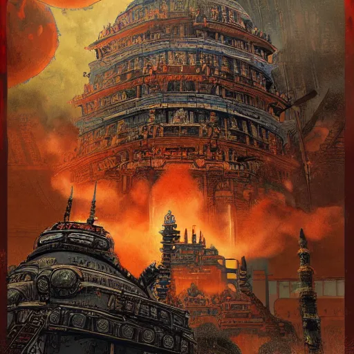 Prompt: Ukiyoe Thanjavur painting of atompunk dystopian retrofuture dark souls temple illustrated by Eddie Mendoza ,Maximalism, Art Nouveau